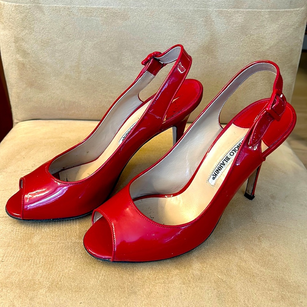 Manolo Blahnik red parent leather peep toe sling backs. Great party shoes!!